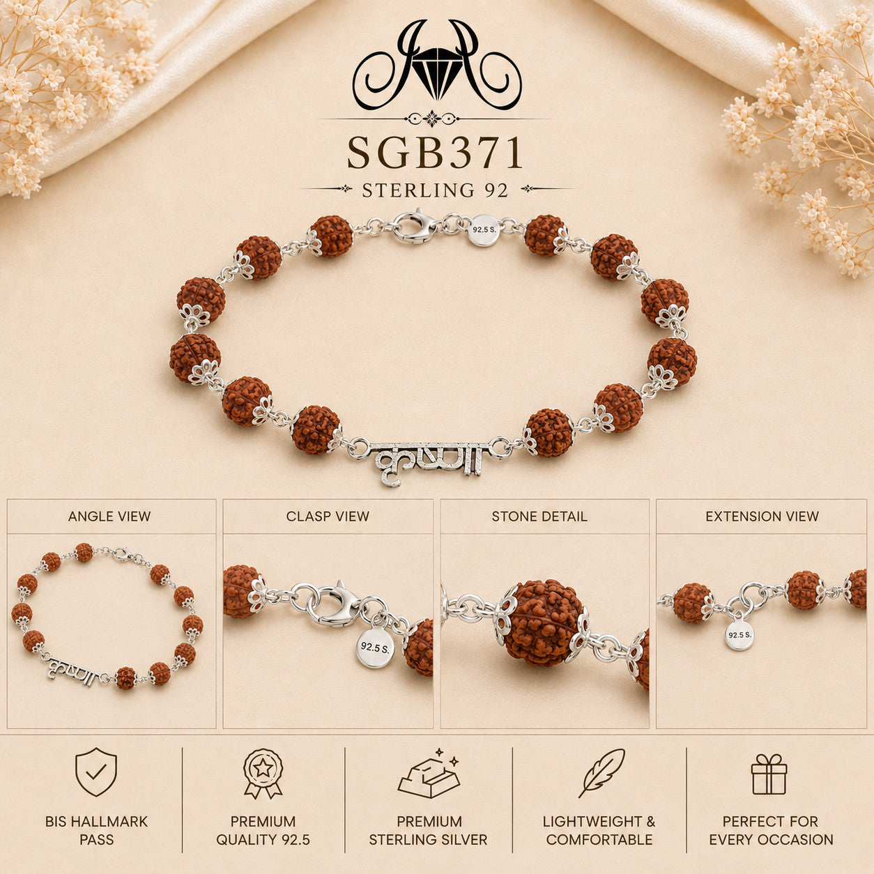 Rudraksha Krishna Oxidized Silver Men's Bracelet - detail collage