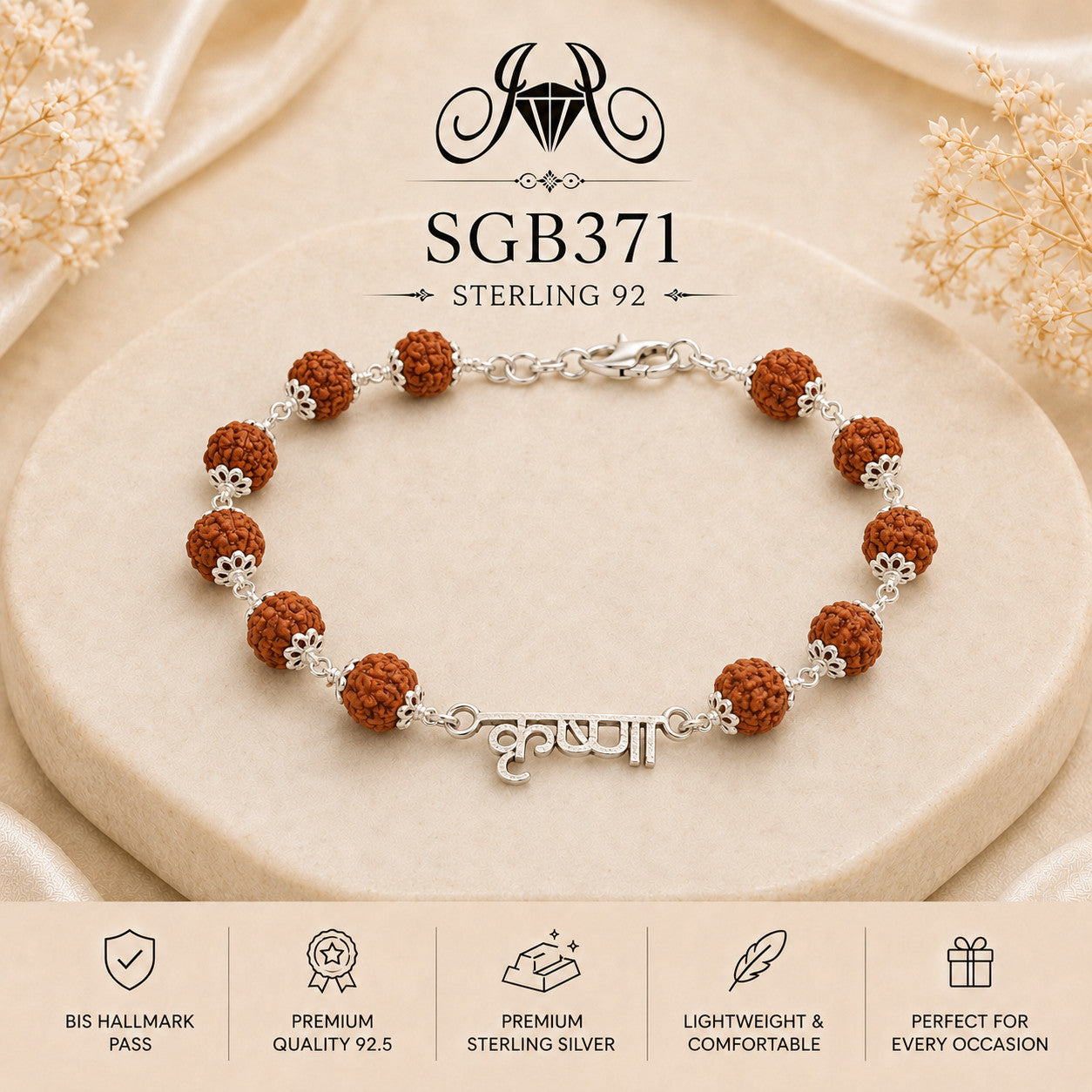 Rudraksha Krishna Oxidized Silver Men's Bracelet - portrait view