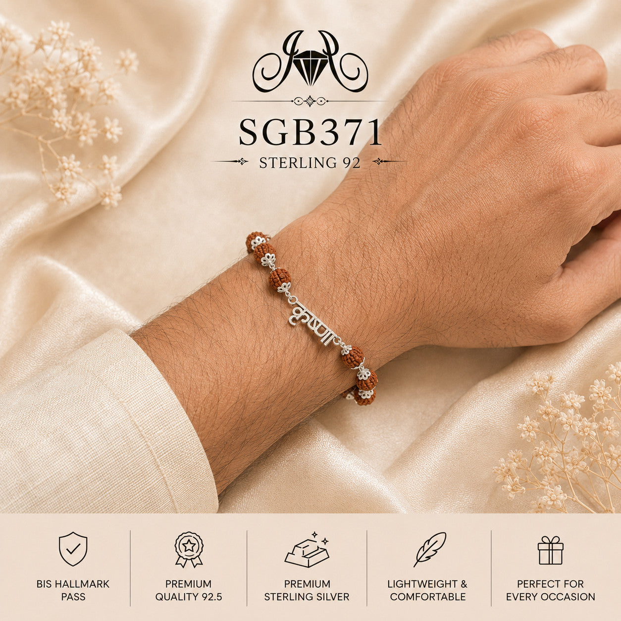 Rudraksha Krishna Oxidized Silver Men's Bracelet - wrist view
