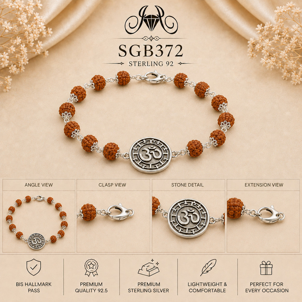 Rudraksha Om Medallion Oxidized Silver Men's Bracelet - detail collage