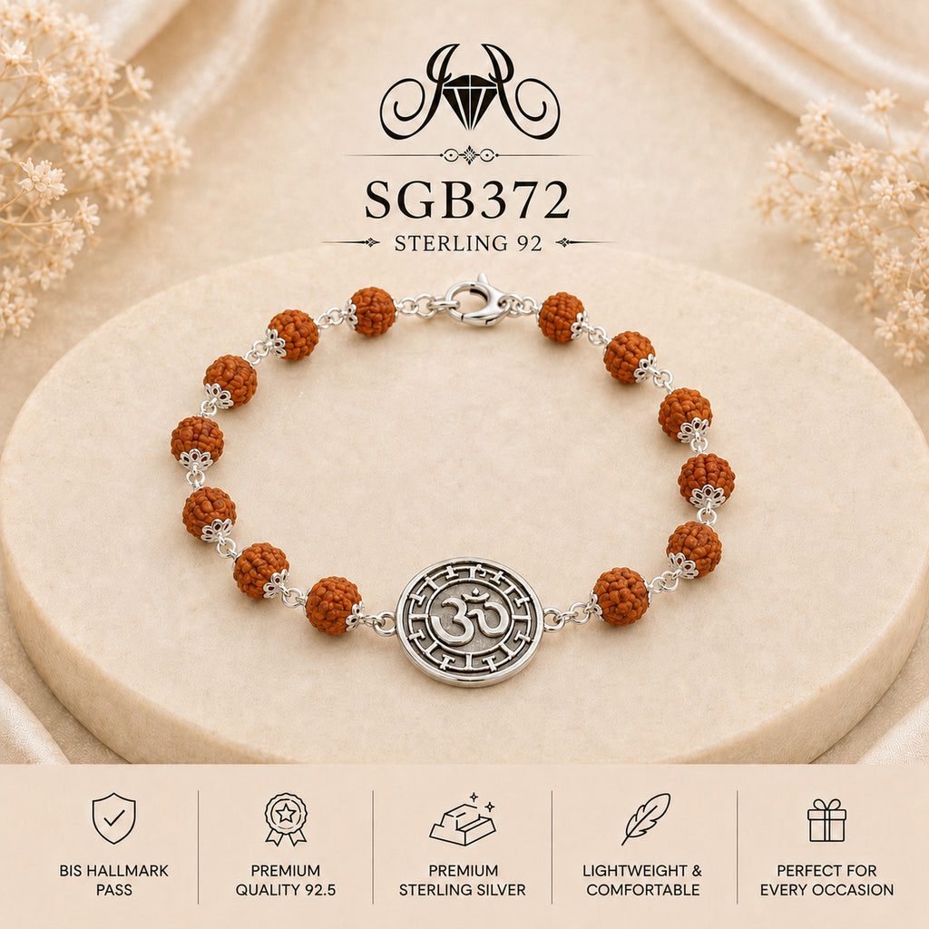Rudraksha Om Medallion Oxidized Silver Men's Bracelet - portrait view