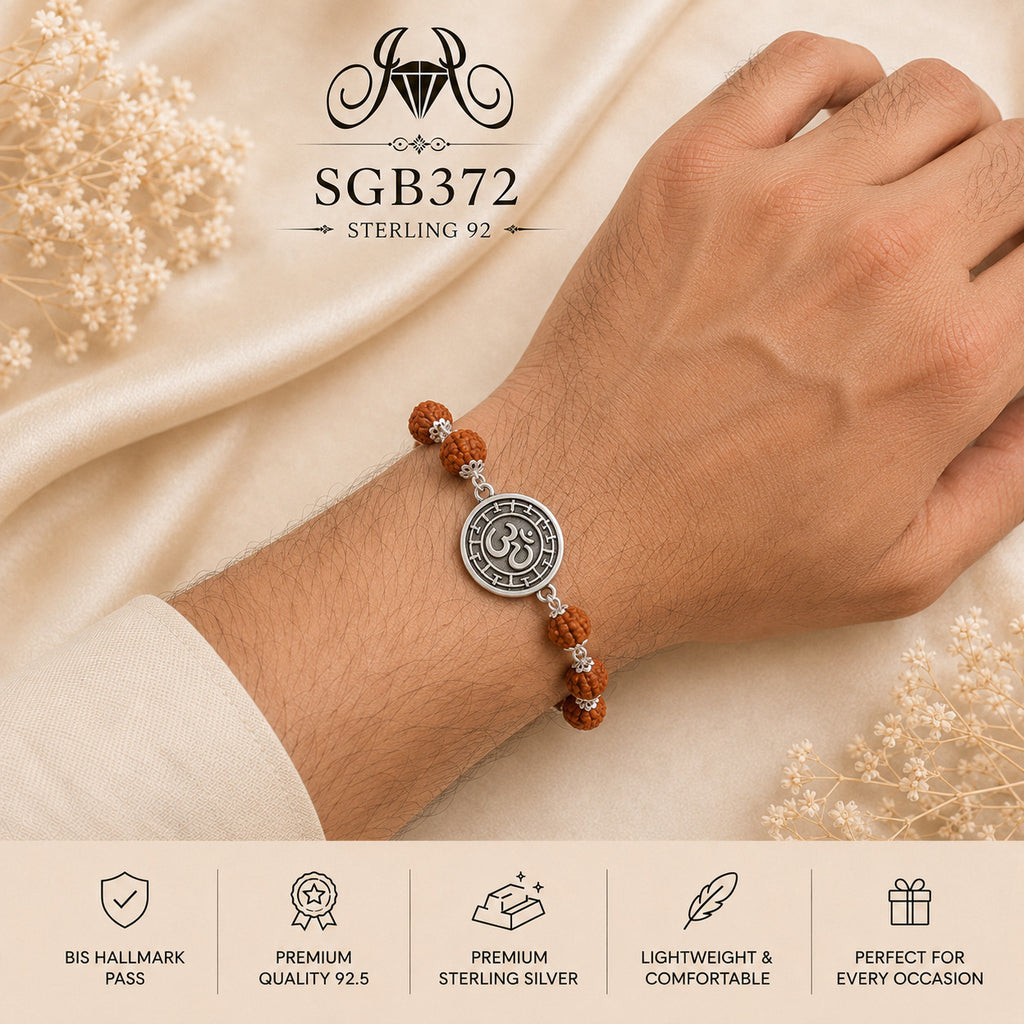 Rudraksha Om Medallion Oxidized Silver Men's Bracelet - wrist view