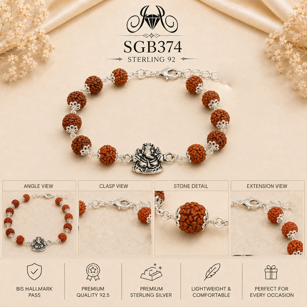 Rudraksha Ganesha Oxidized Silver Men's Bracelet - detail collage