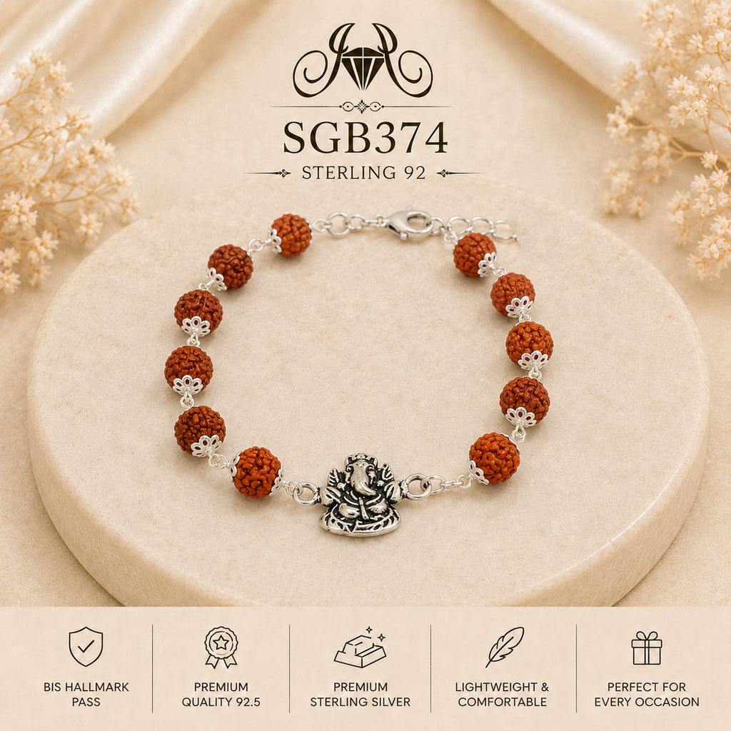 Rudraksha Ganesha Oxidized Silver Men's Bracelet - portrait view