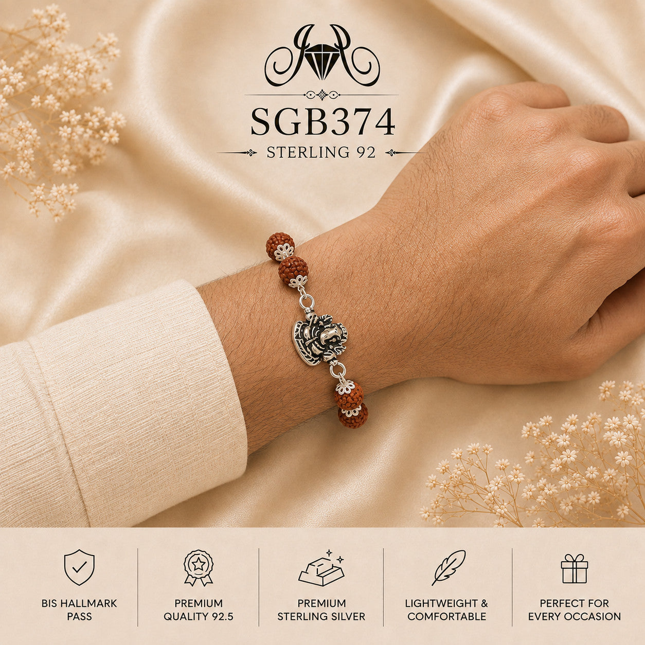 Rudraksha Ganesha Oxidized Silver Men's Bracelet - wrist view