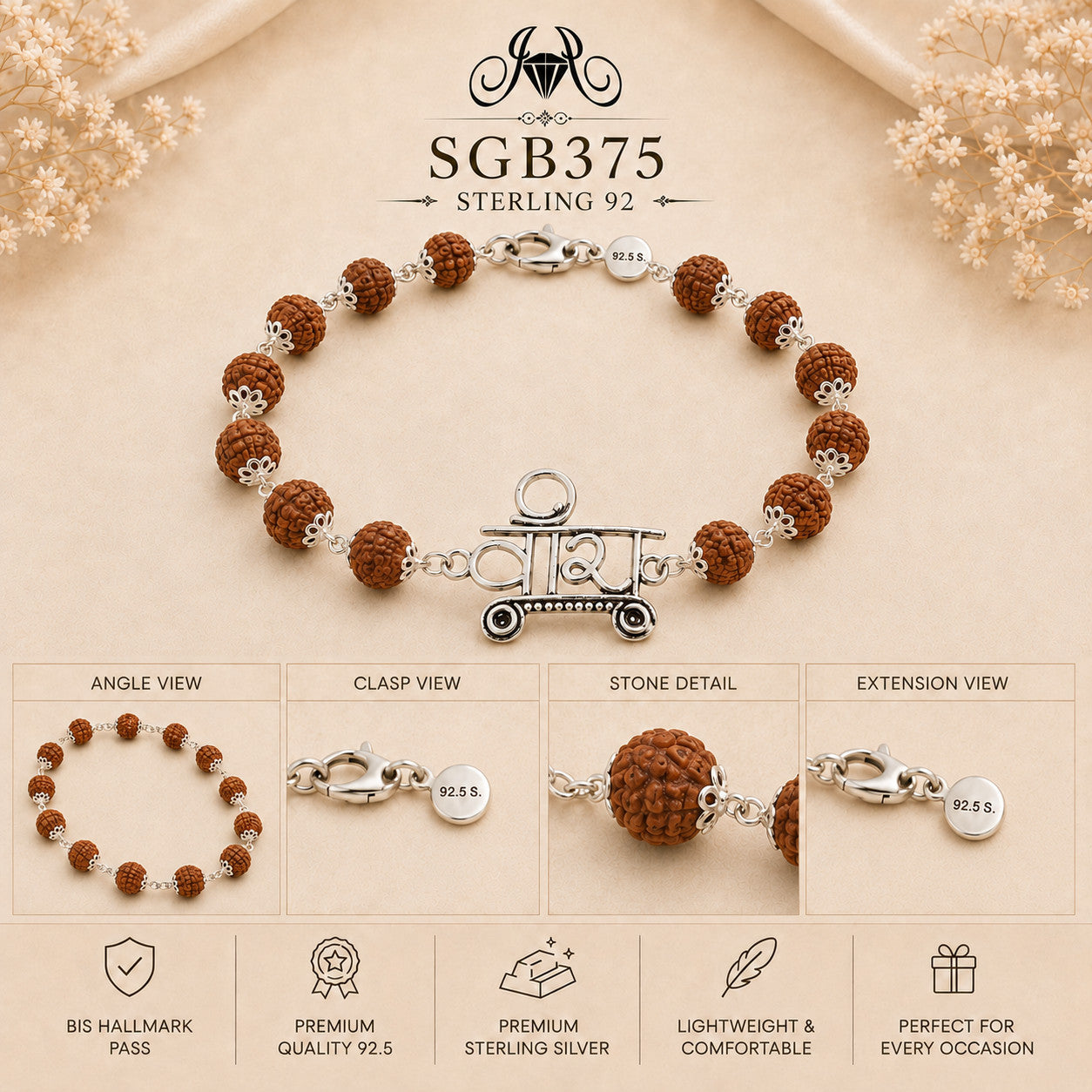 Rudraksha Shiv Oxidized Silver Men's Bracelet - detail collage