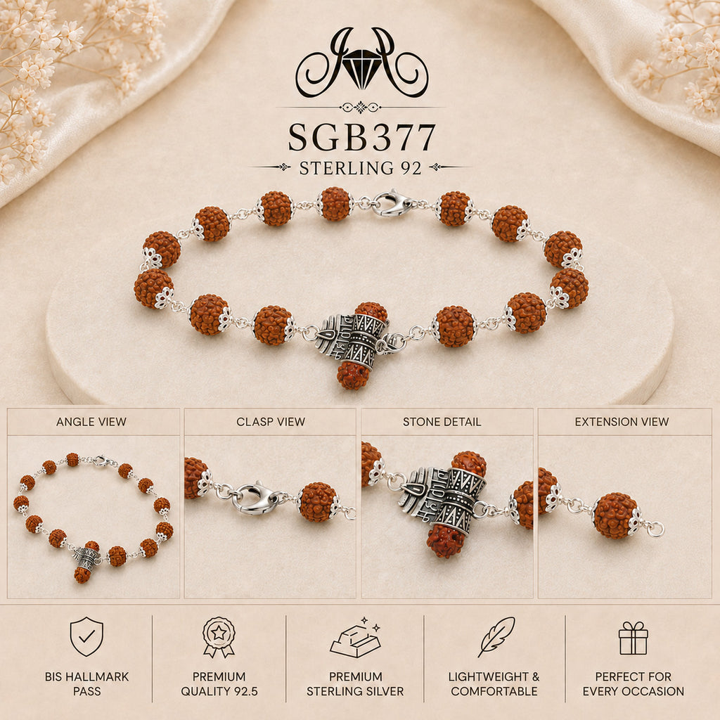 Rudraksha Sacred-Motif Oxidized Silver Men's Bracelet - detail collage