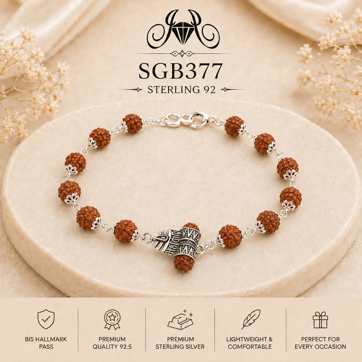 Rudraksha Sacred-Motif Oxidized Silver Men's Bracelet - portrait view