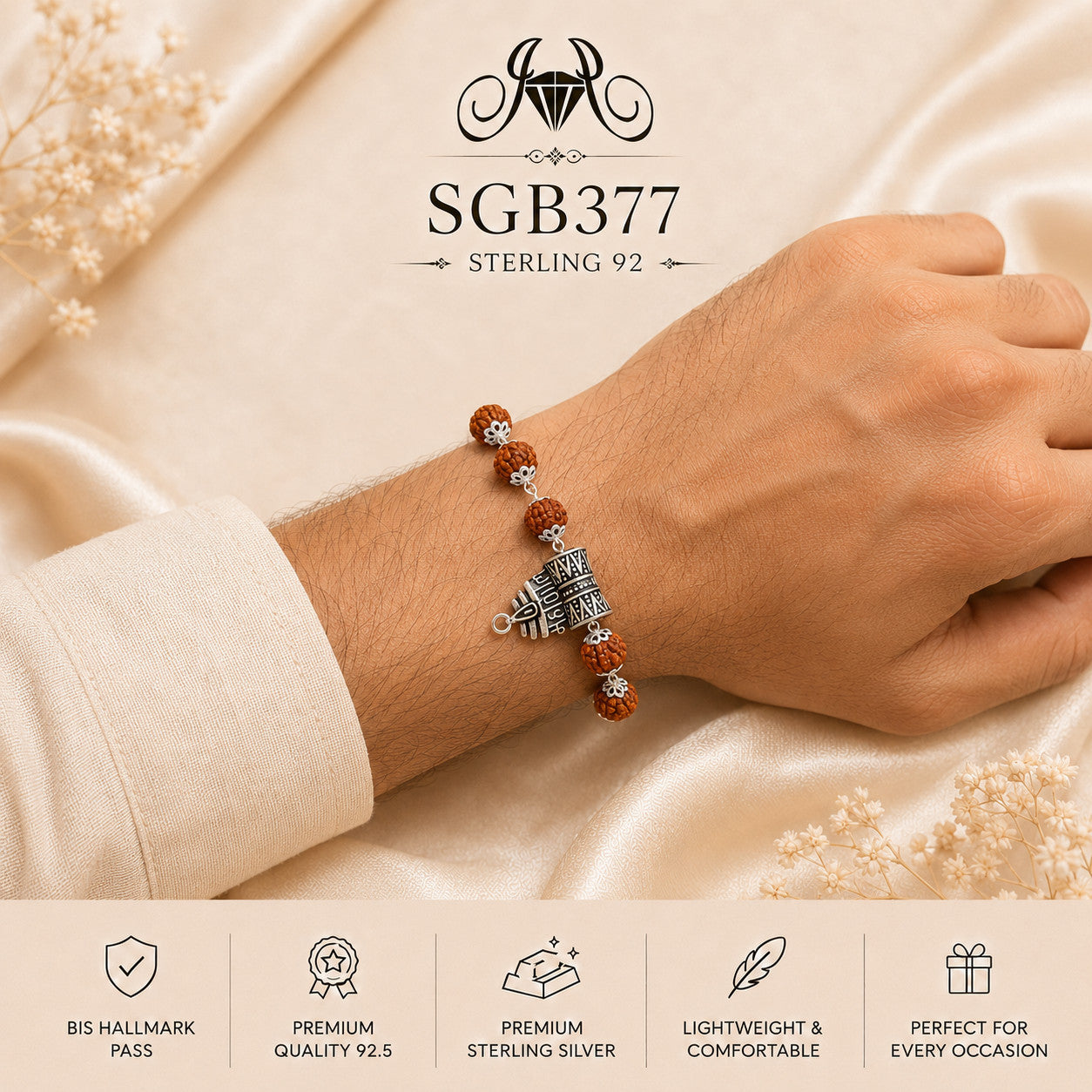 Rudraksha Sacred-Motif Oxidized Silver Men's Bracelet - wrist view