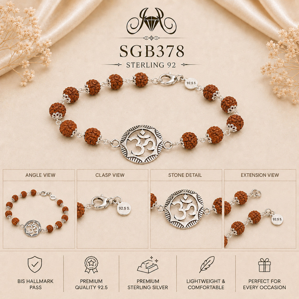 Rudraksha Om Chakra Oxidized Silver Men's Bracelet - detail collage