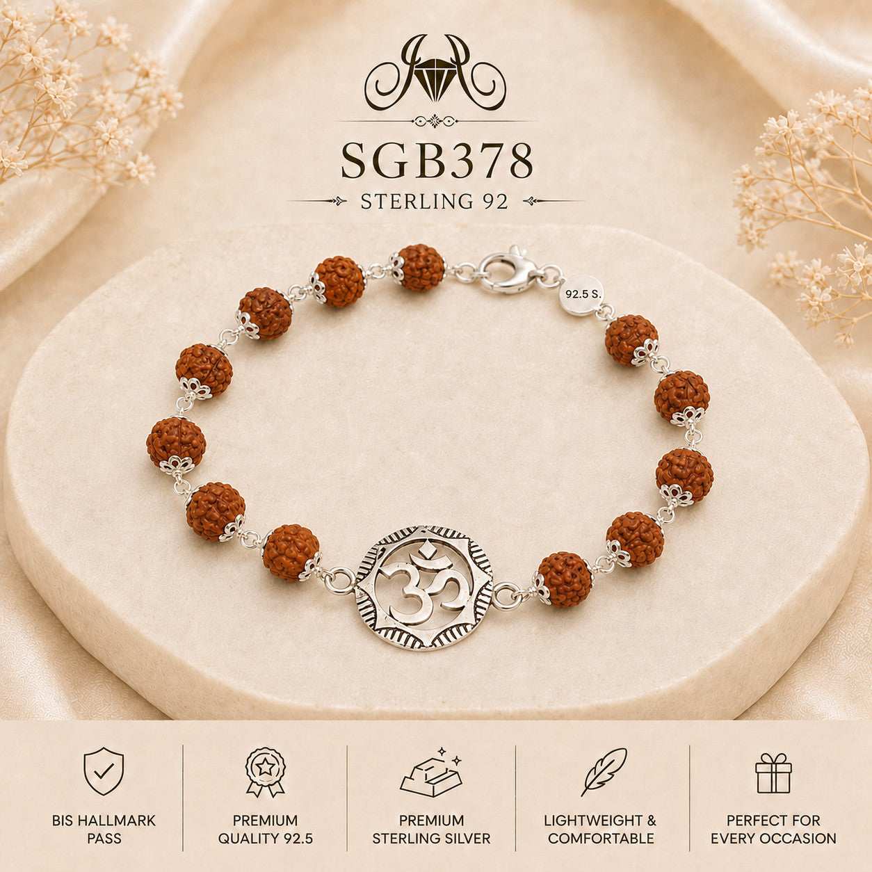 Rudraksha Om Chakra Oxidized Silver Men's Bracelet - portrait view