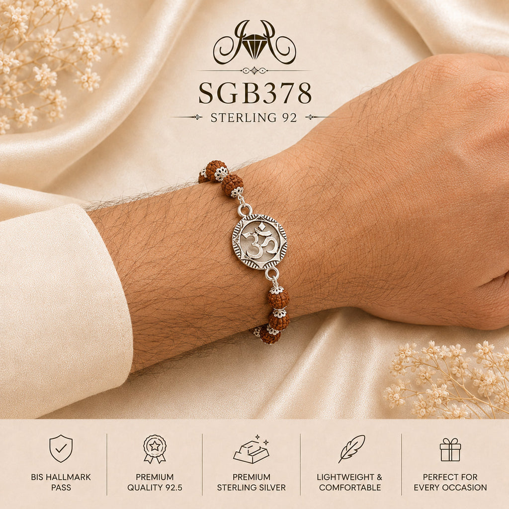 Rudraksha Om Chakra Oxidized Silver Men's Bracelet - wrist view