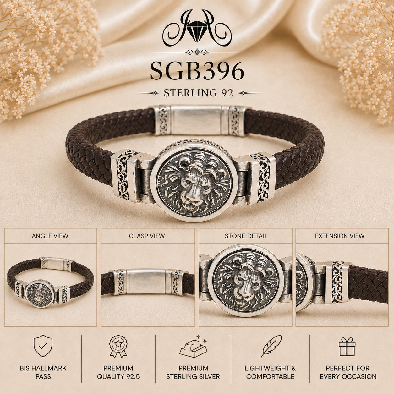 Lion Medallion Braided Leather & Silver Men's Bracelet - detail collage