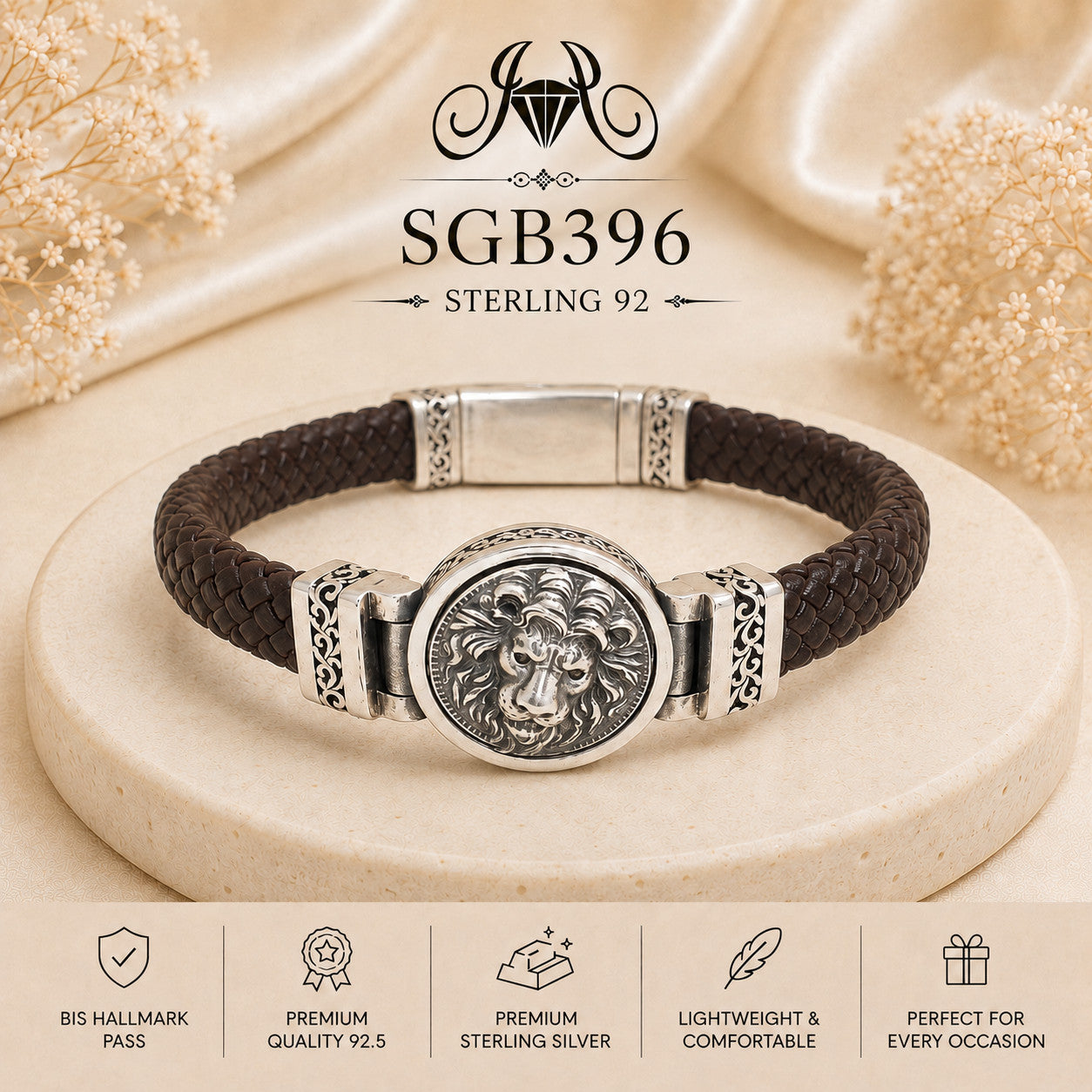 Lion Medallion Braided Leather & Silver Men's Bracelet - portrait view