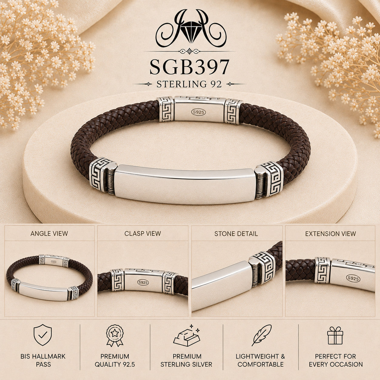 Silver ID-Bar Braided Leather Men's Bracelet - detail collage