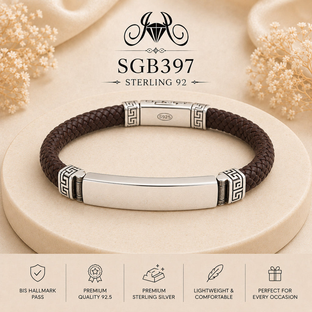 Silver ID-Bar Braided Leather Men's Bracelet - portrait view