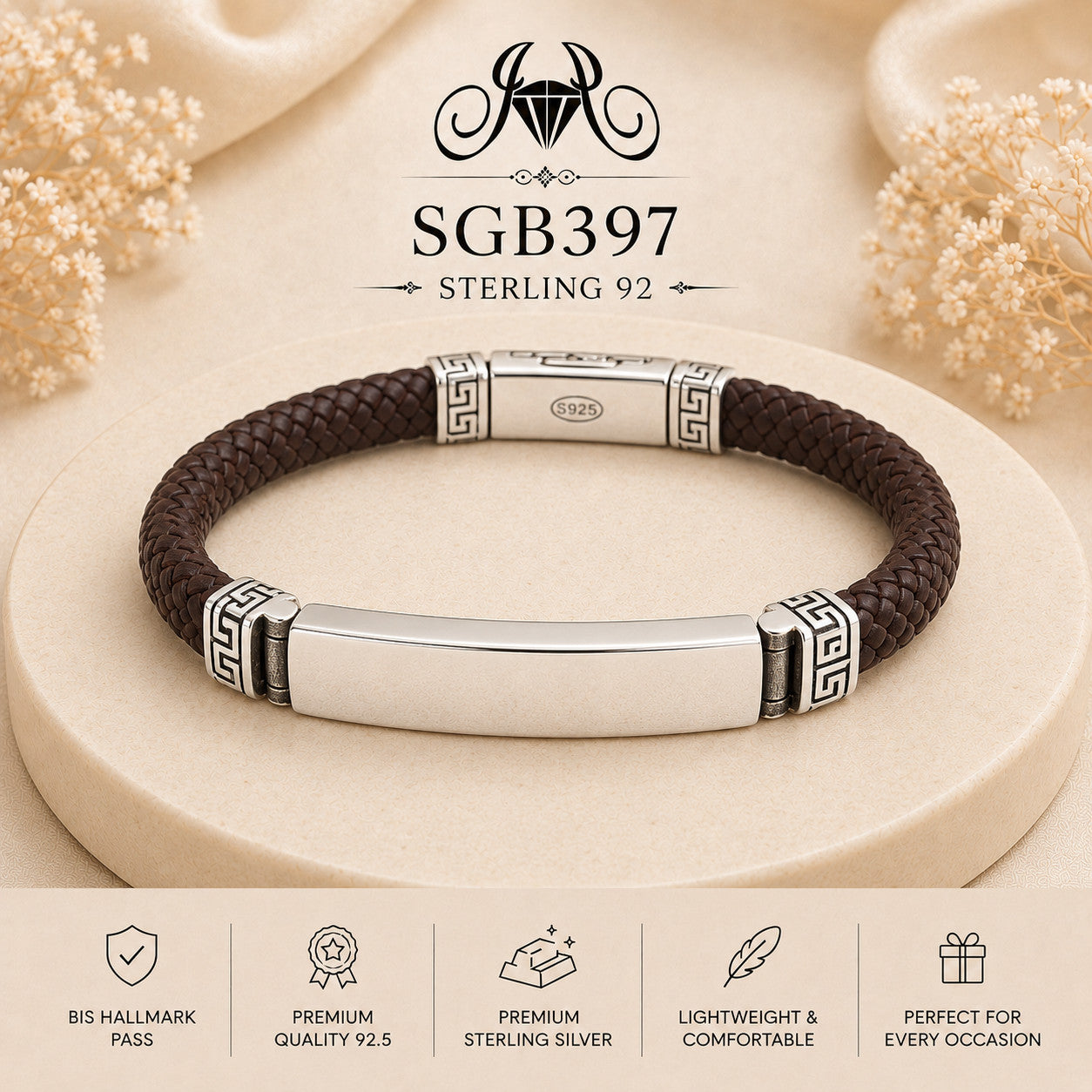 Silver ID-Bar Braided Leather Men's Bracelet - portrait view