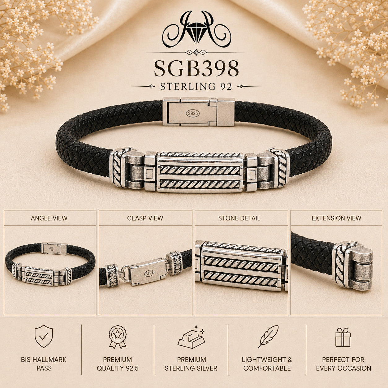 Textured Silver Bar Braided Leather Men's Bracelet - detail collage