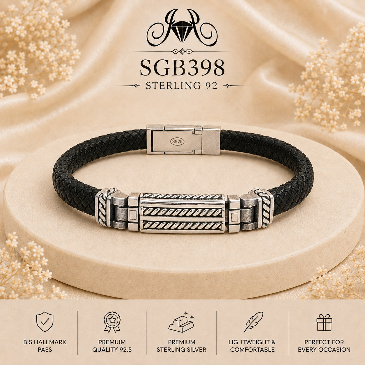 Textured Silver Bar Braided Leather Men's Bracelet - portrait view