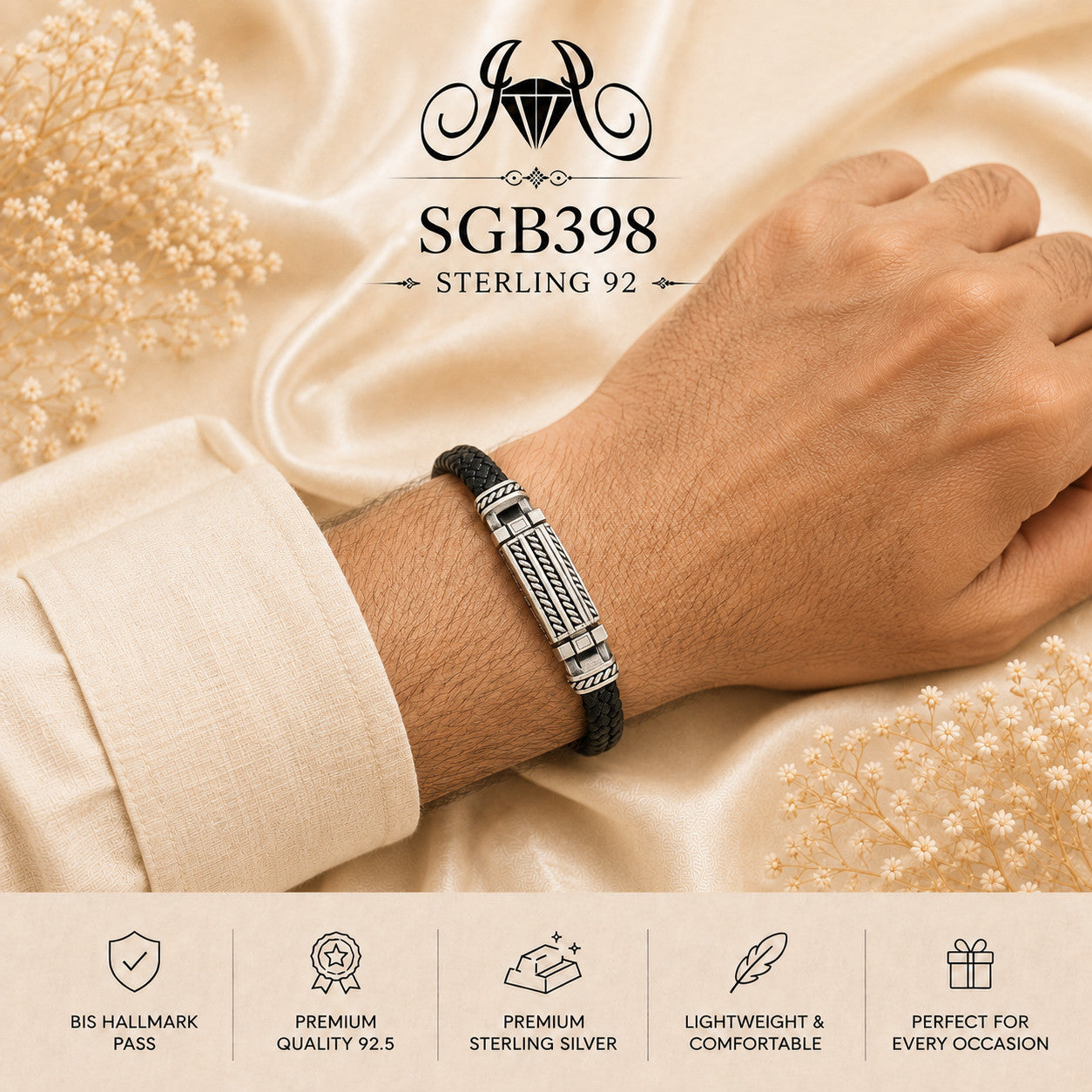Textured Silver Bar Braided Leather Men's Bracelet - wrist view