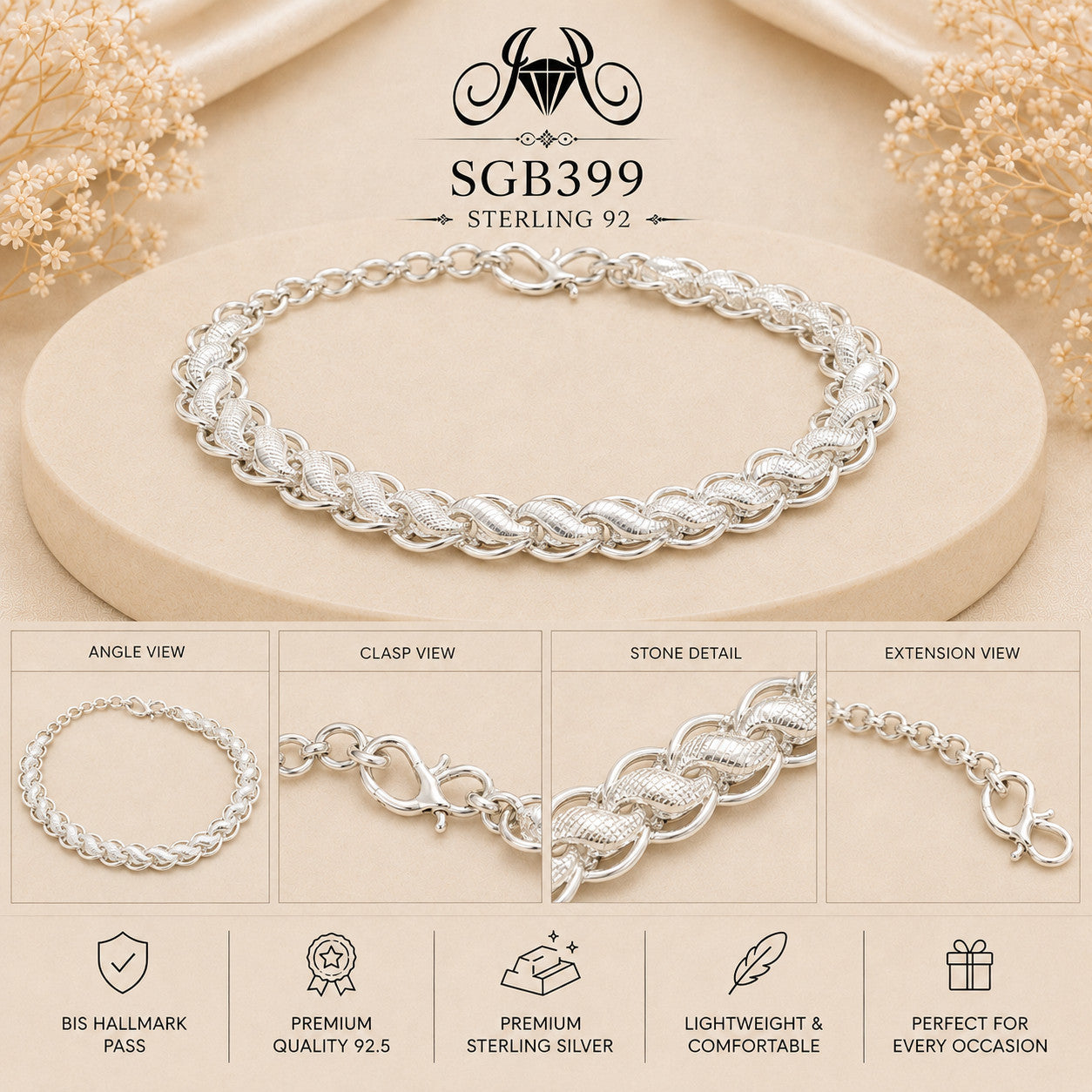 Double Curb-Chain Sterling Silver Men's Bracelet - detail collage