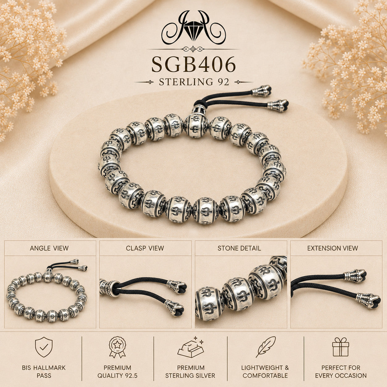 Adjustable Oxidized Silver Barrel-Bead Men's Bracelet - detail collage