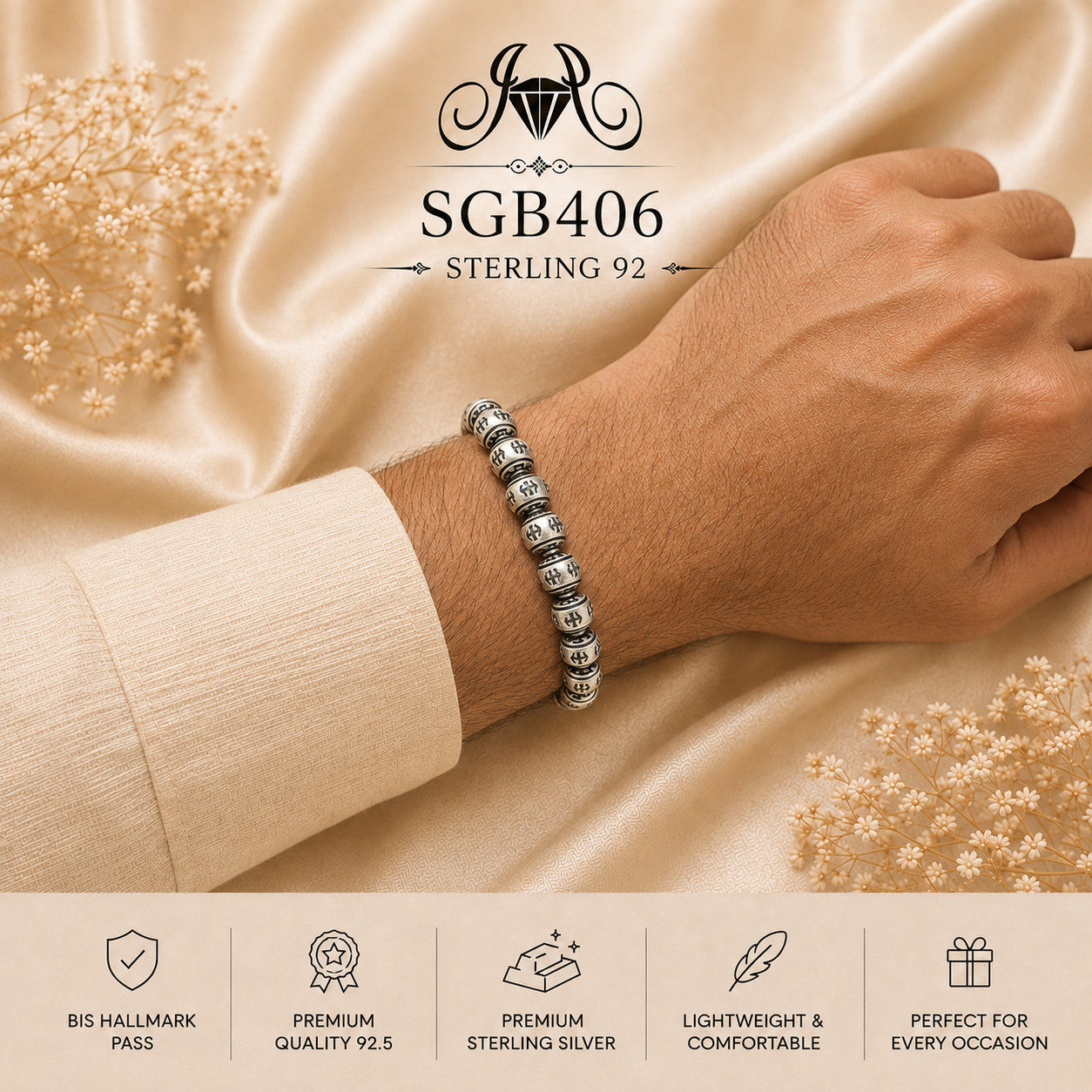 Adjustable Oxidized Silver Barrel-Bead Men's Bracelet - wrist view