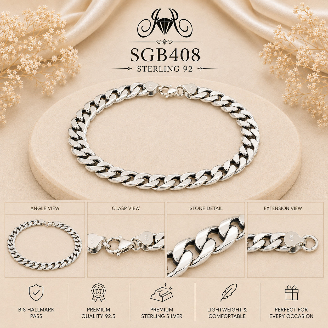 Bold Cuban-Link Sterling Silver Men's Bracelet - detail collage