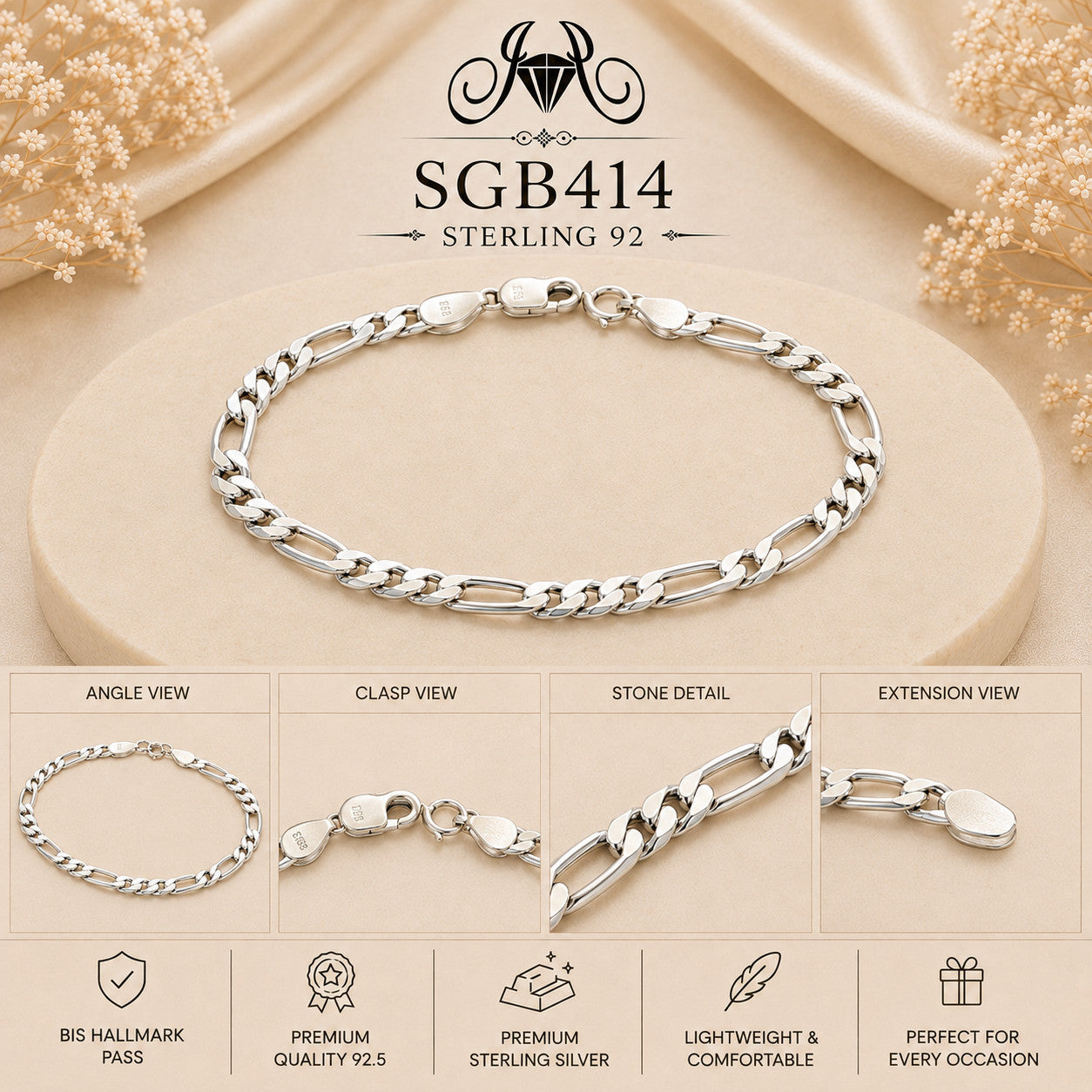 Classic Curb-Link Sterling Silver Men's Bracelet - detail collage
