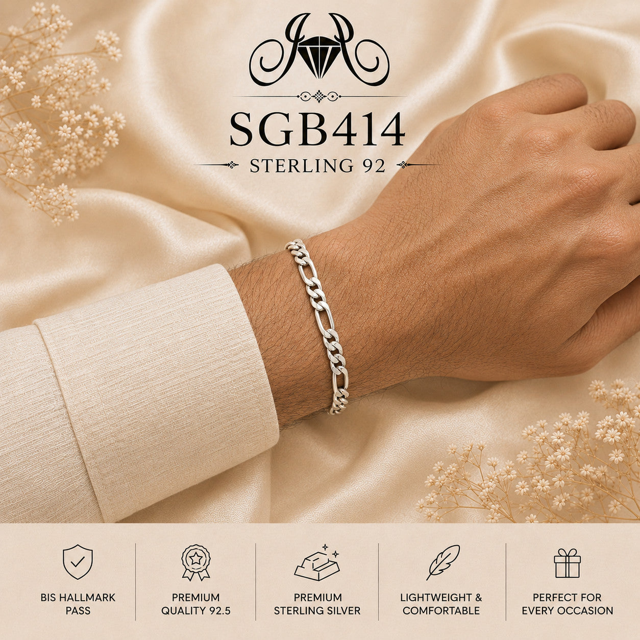 Classic Curb-Link Sterling Silver Men's Bracelet - wrist view