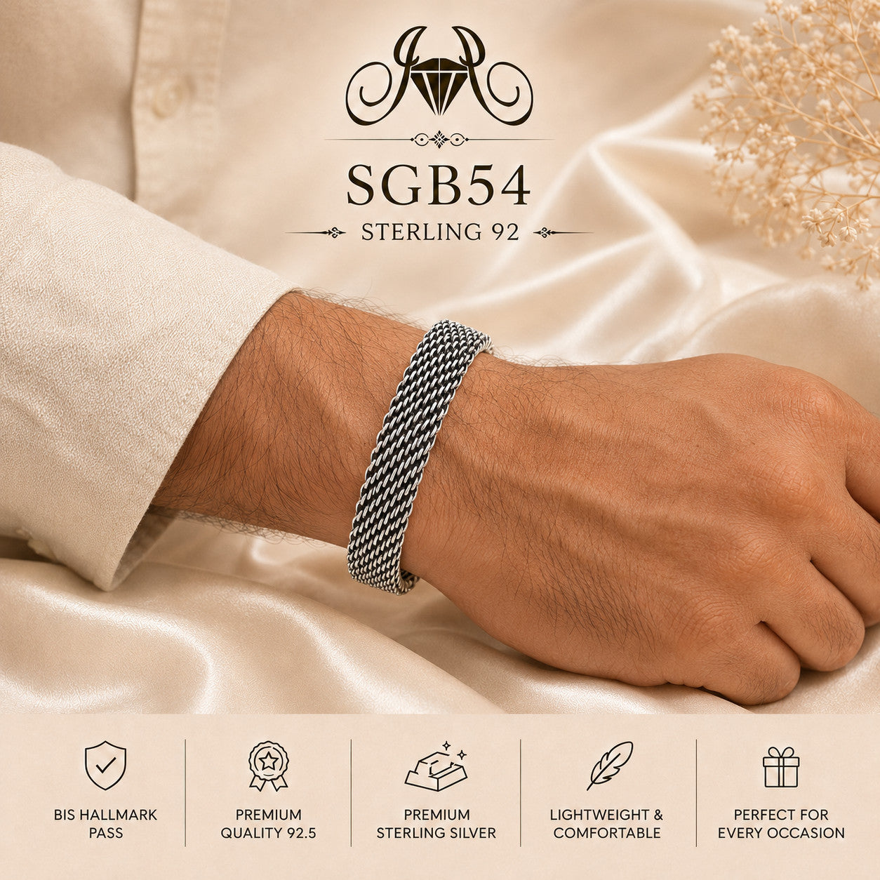 Oxidized Silver Woven Mesh Men's Bracelet - wrist view