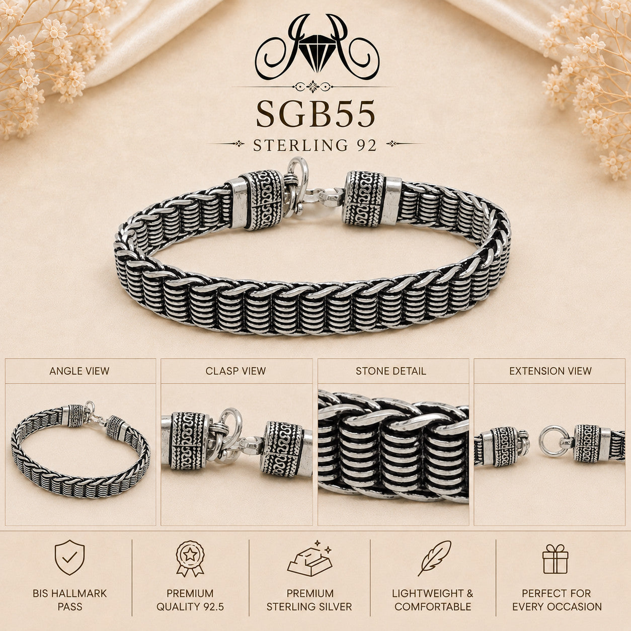 Oxidized Silver Ribbed-Link Men's Bracelet - detail collage