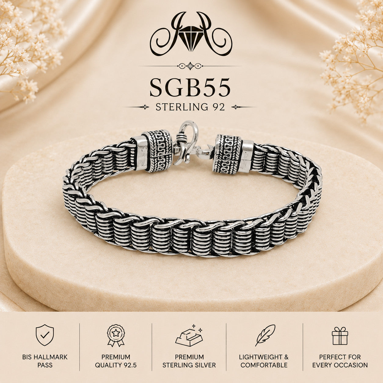 Oxidized Silver Ribbed-Link Men's Bracelet - portrait view