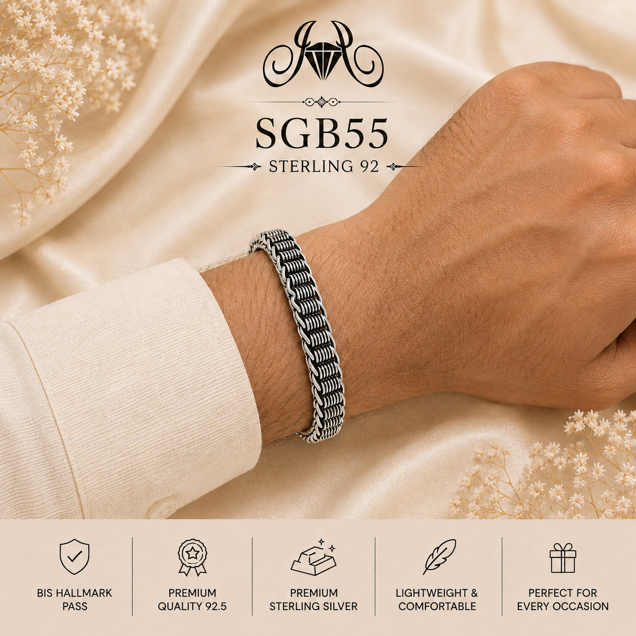 Oxidized Silver Ribbed-Link Men's Bracelet - wrist view