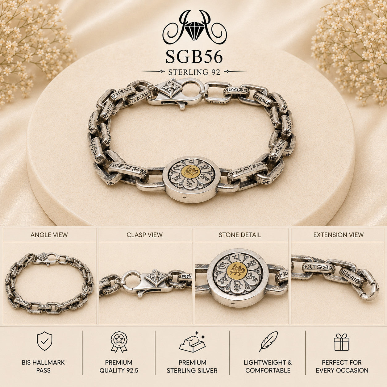 Oxidized Silver Medallion-Link Men's Bracelet - detail collage