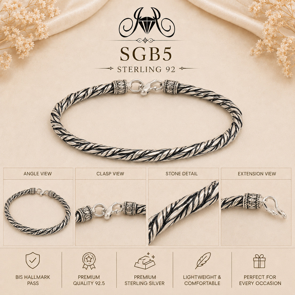 Oxidized Silver Wheat-Link Men's Bracelet - detail collage
