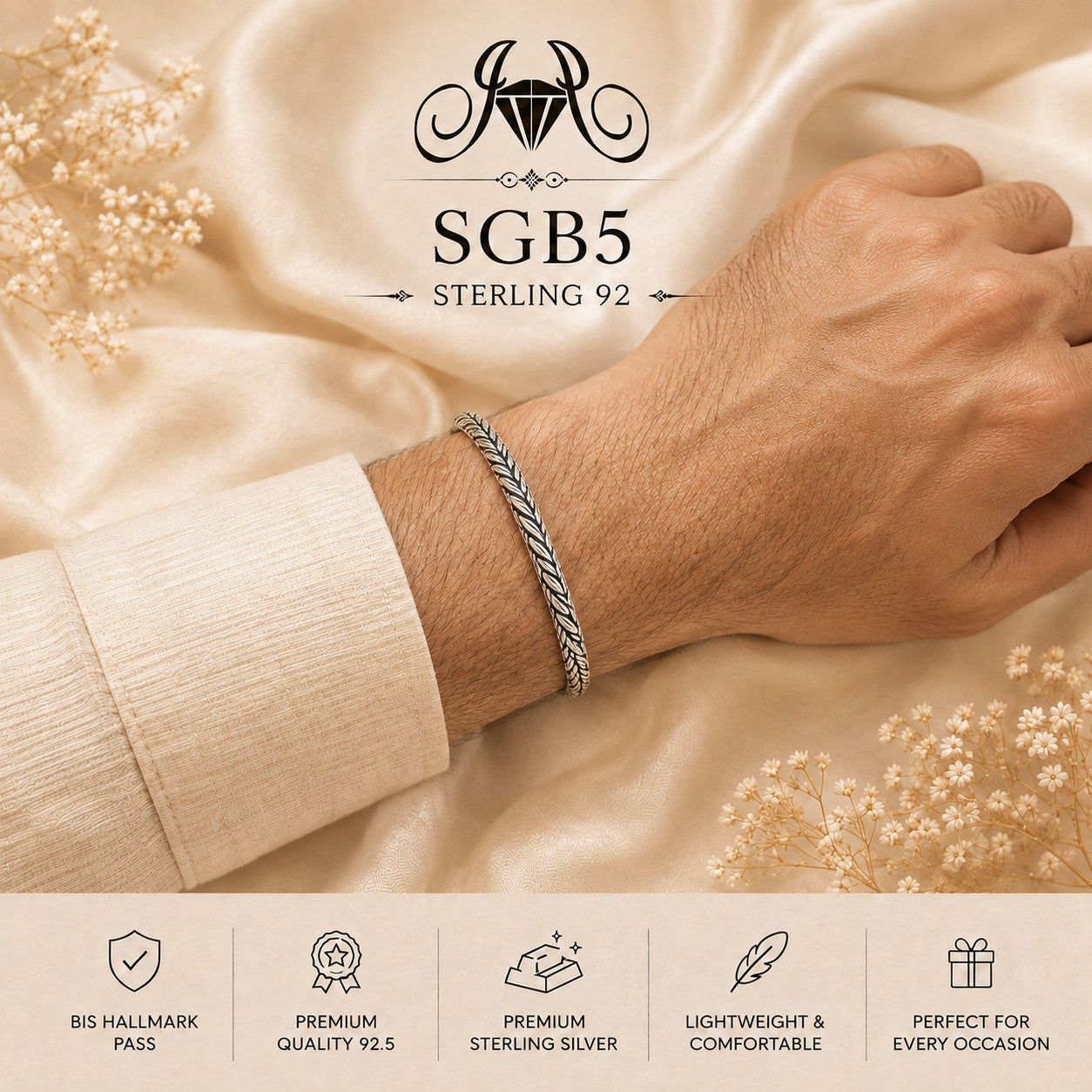 Oxidized Silver Wheat-Link Men's Bracelet - wrist view