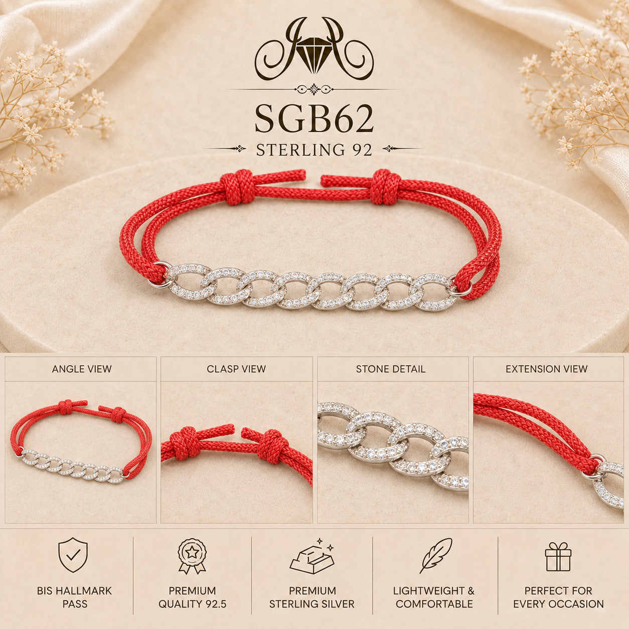 Red Thread Infinity-Link Sterling Silver Men's Bracelet - detail collage
