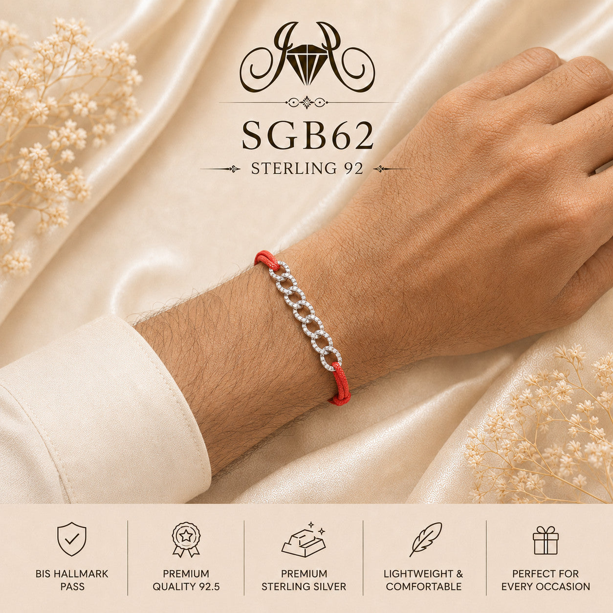 Red Thread Infinity-Link Sterling Silver Men's Bracelet - wrist view