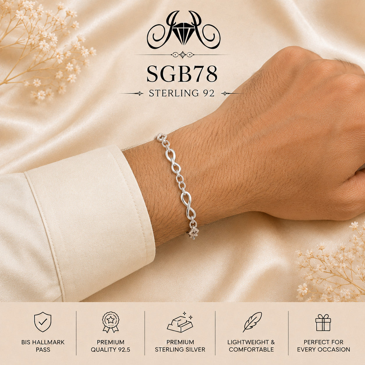 Sterling Silver Infinity-Link Men's Bracelet - wrist view