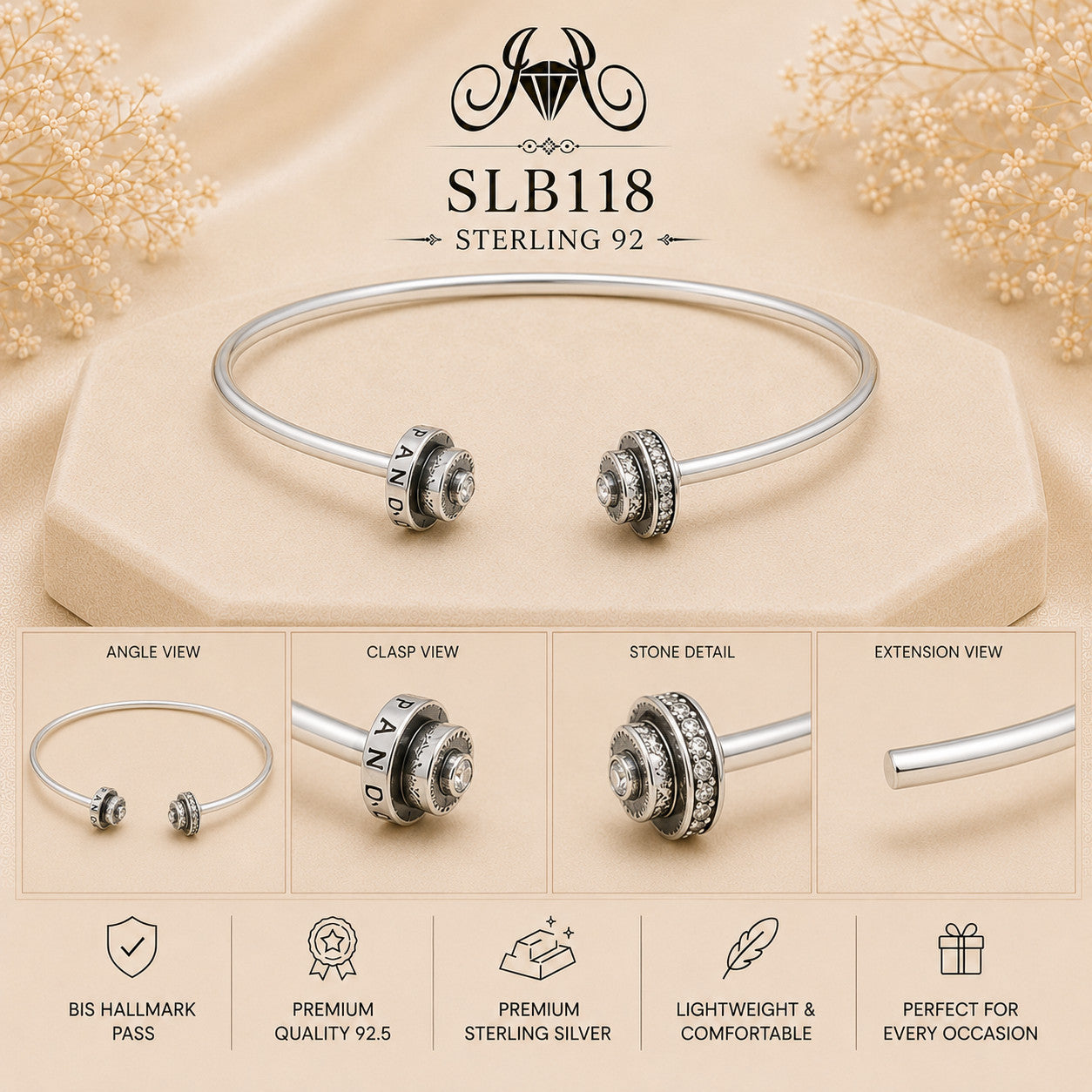 SLB118 sterling silver ladies kada bracelet details