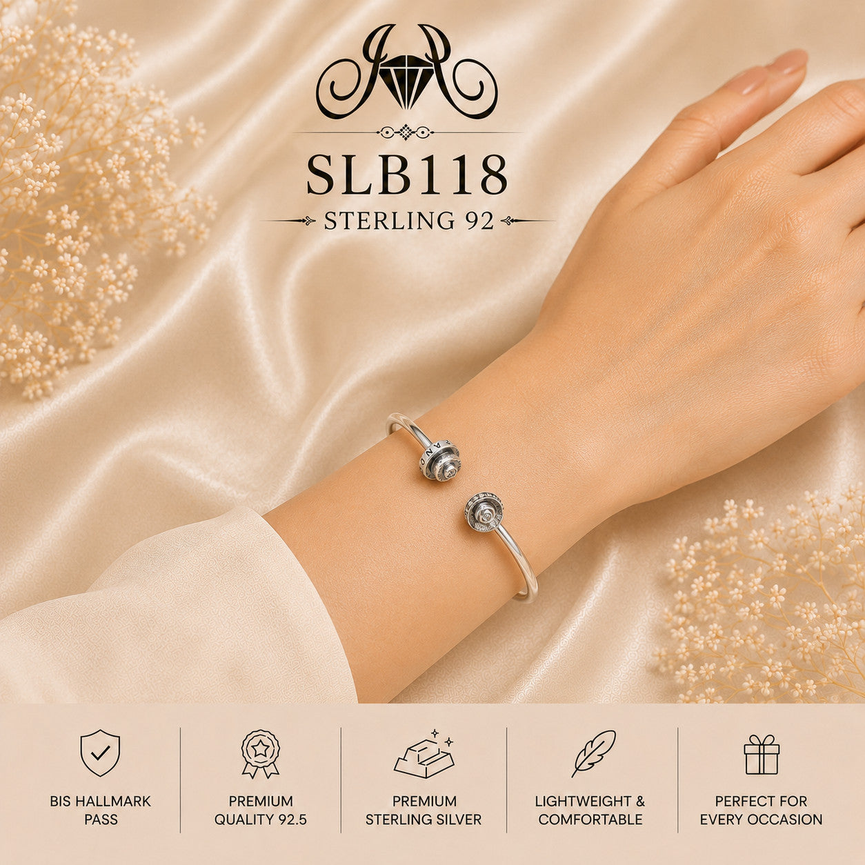 SLB118 sterling silver ladies kada bracelet wearing view