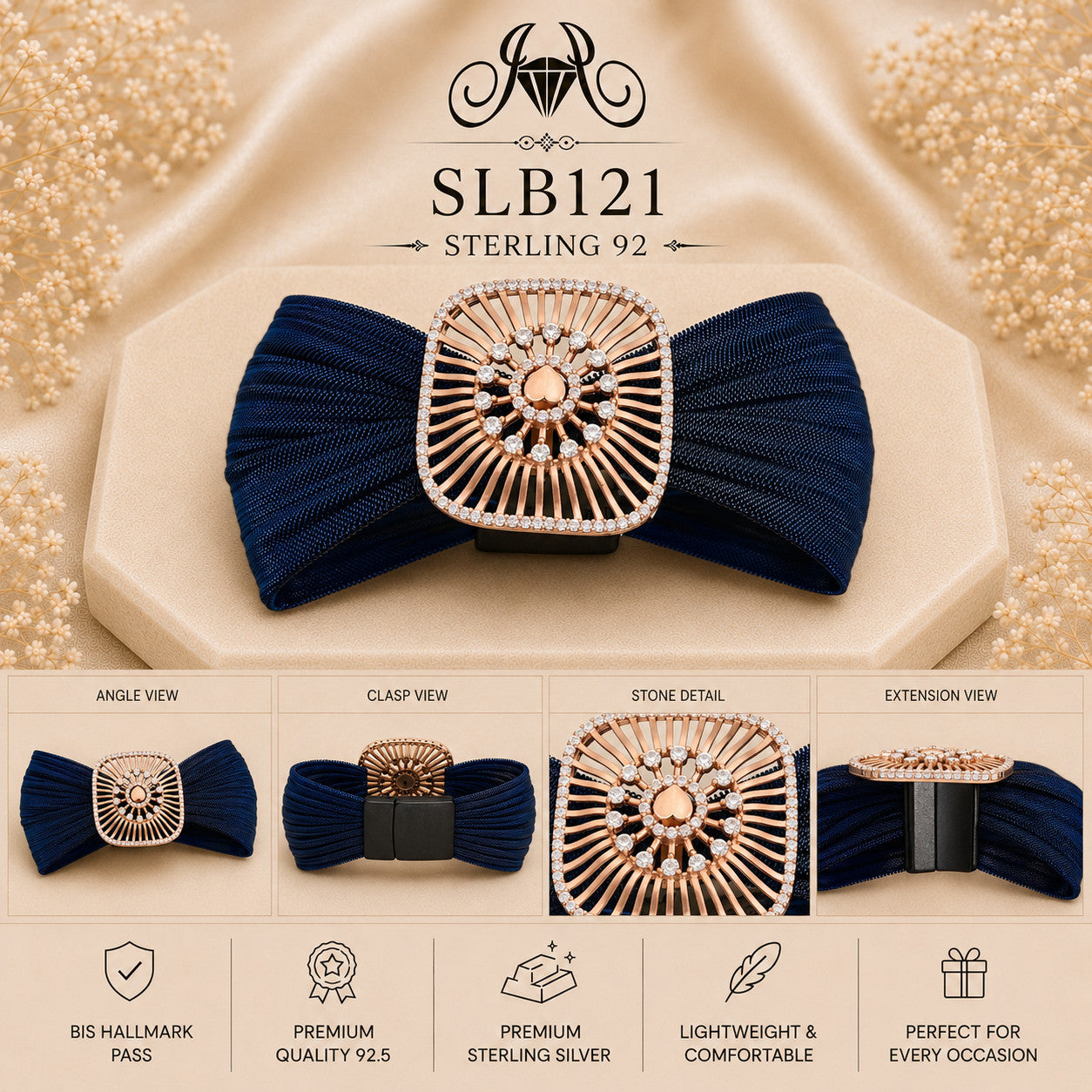 SLB121 sterling silver ladies kada bracelet collage views