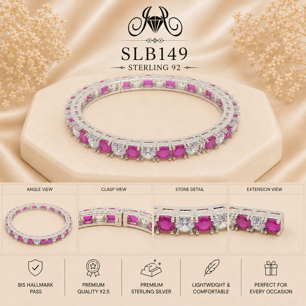 SLB149 sterling silver ladies kada bracelet collage views