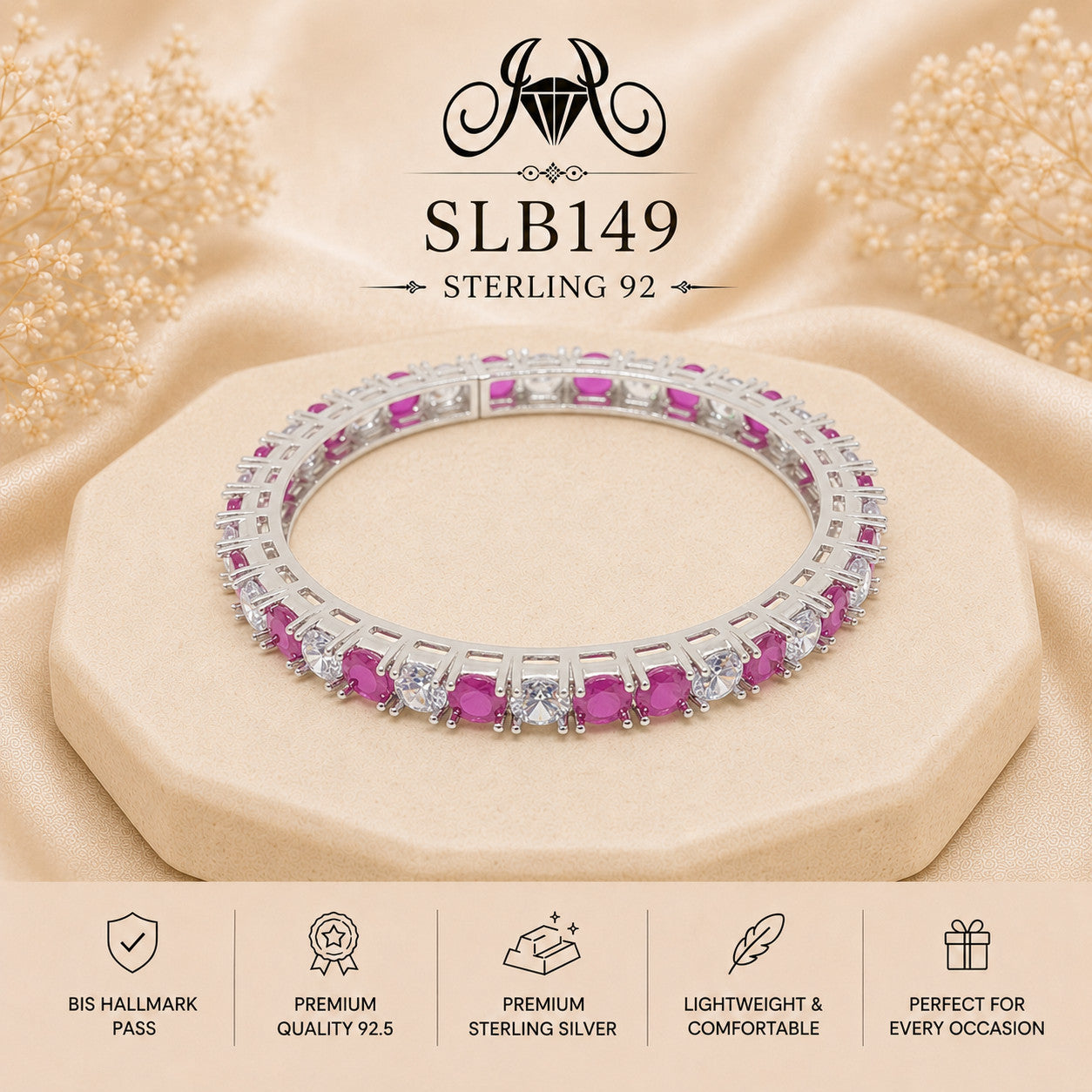 SLB149 sterling silver ladies kada bracelet portrait view