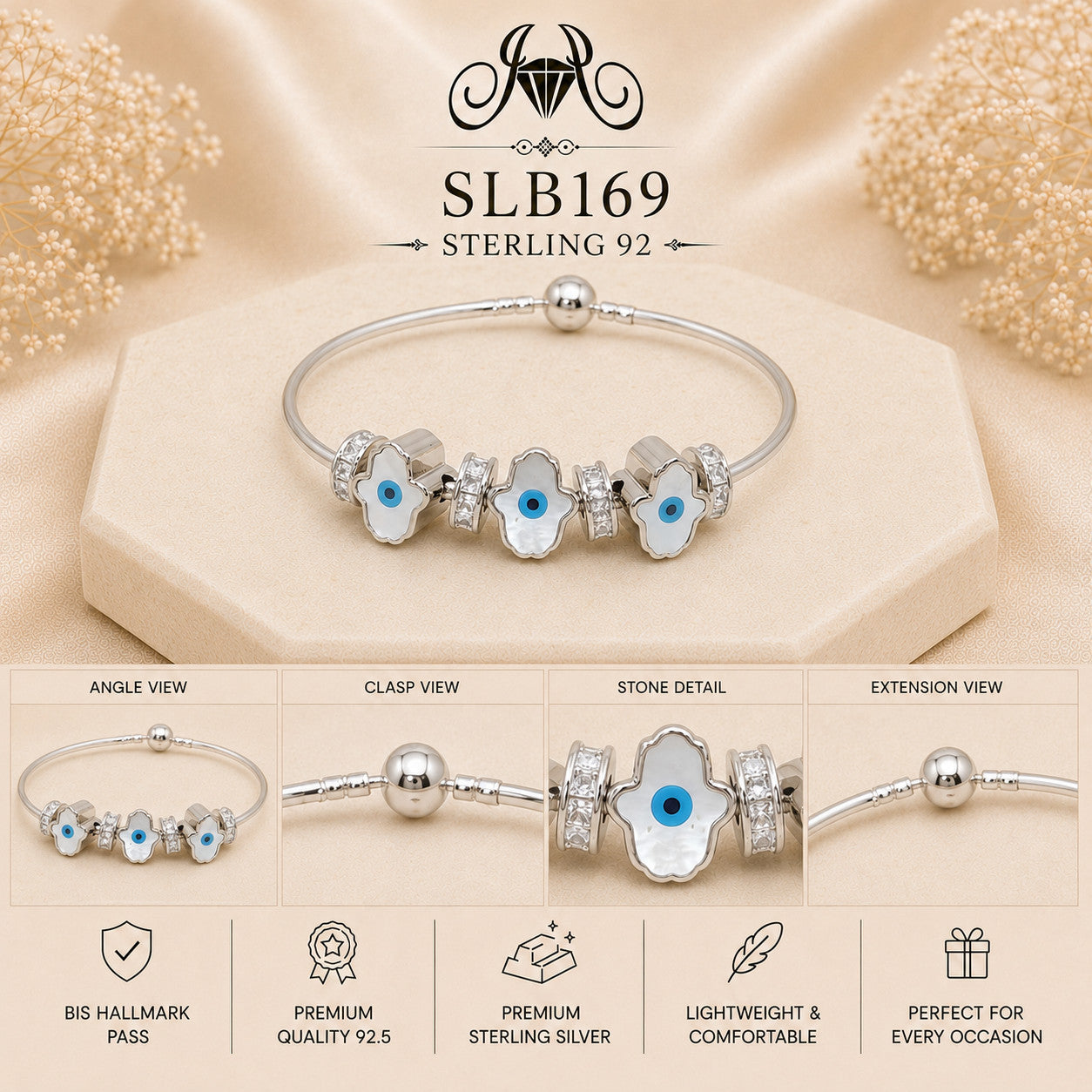 SLB169 sterling silver ladies kada bracelet collage views