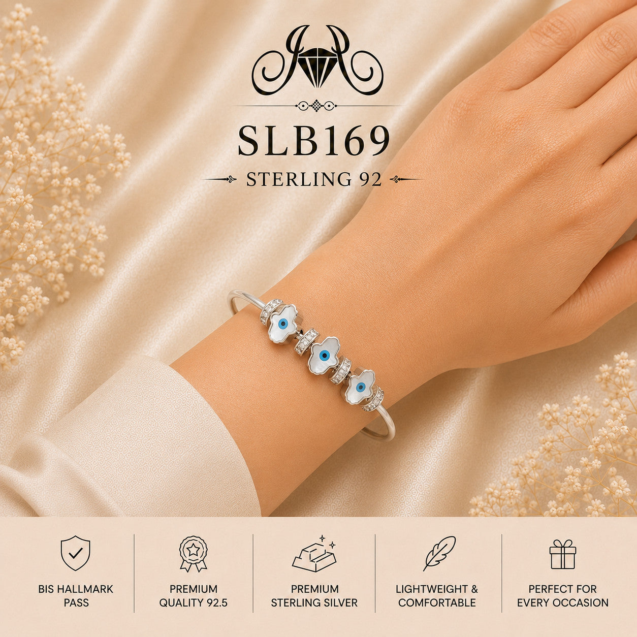 SLB169 sterling silver ladies kada bracelet wearing view