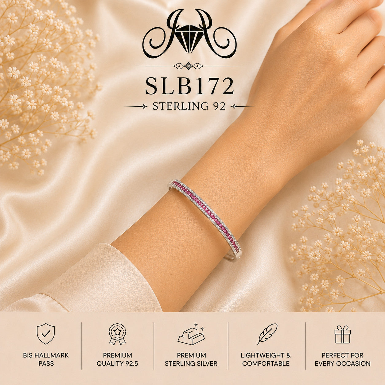 SLB172 sterling silver ladies kada bracelet wearing view