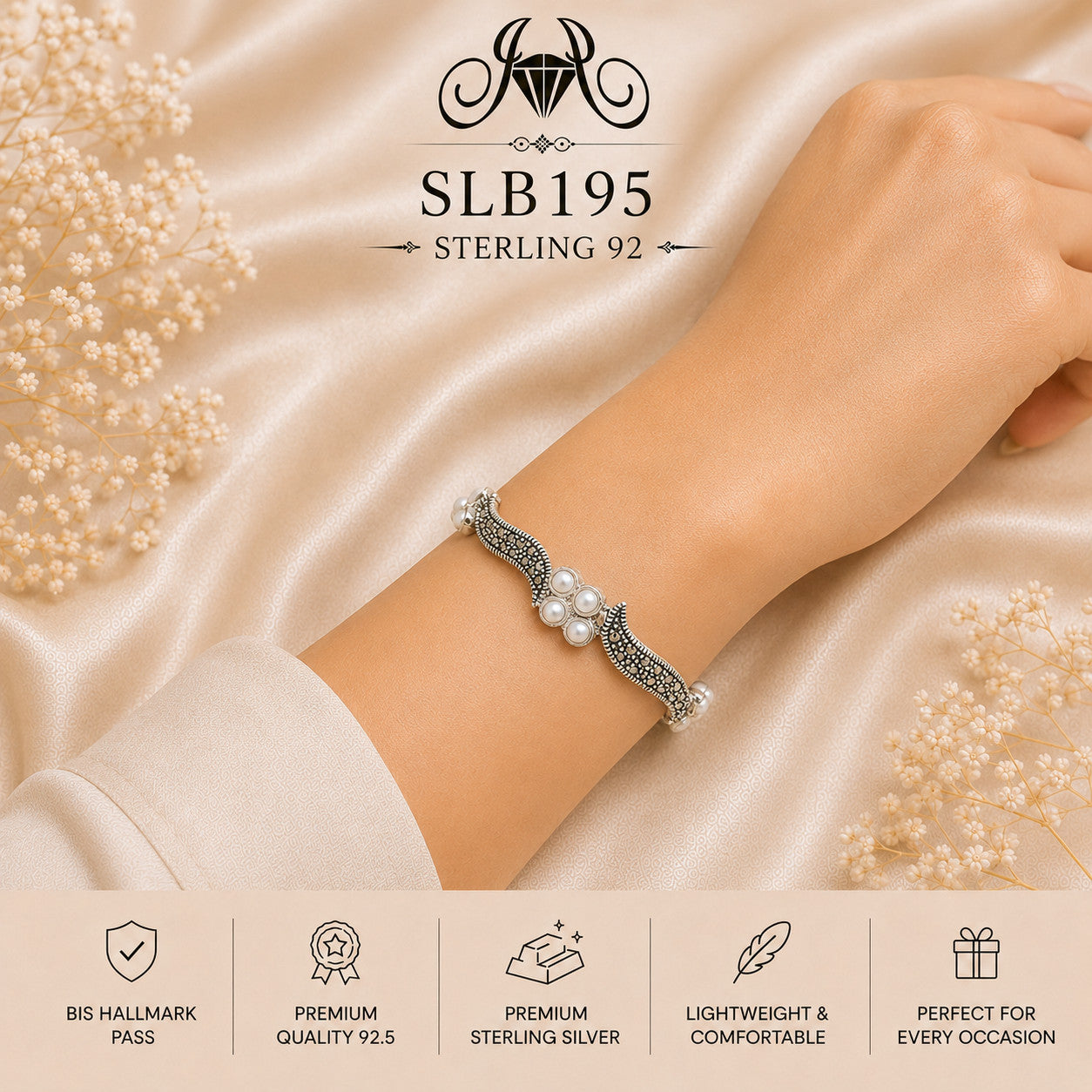 SLB195 sterling silver ladies kada bracelet wearing view