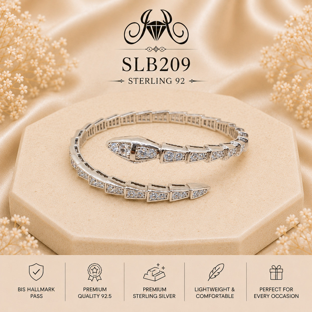 SLB209 sterling silver ladies kada bracelet portrait view
